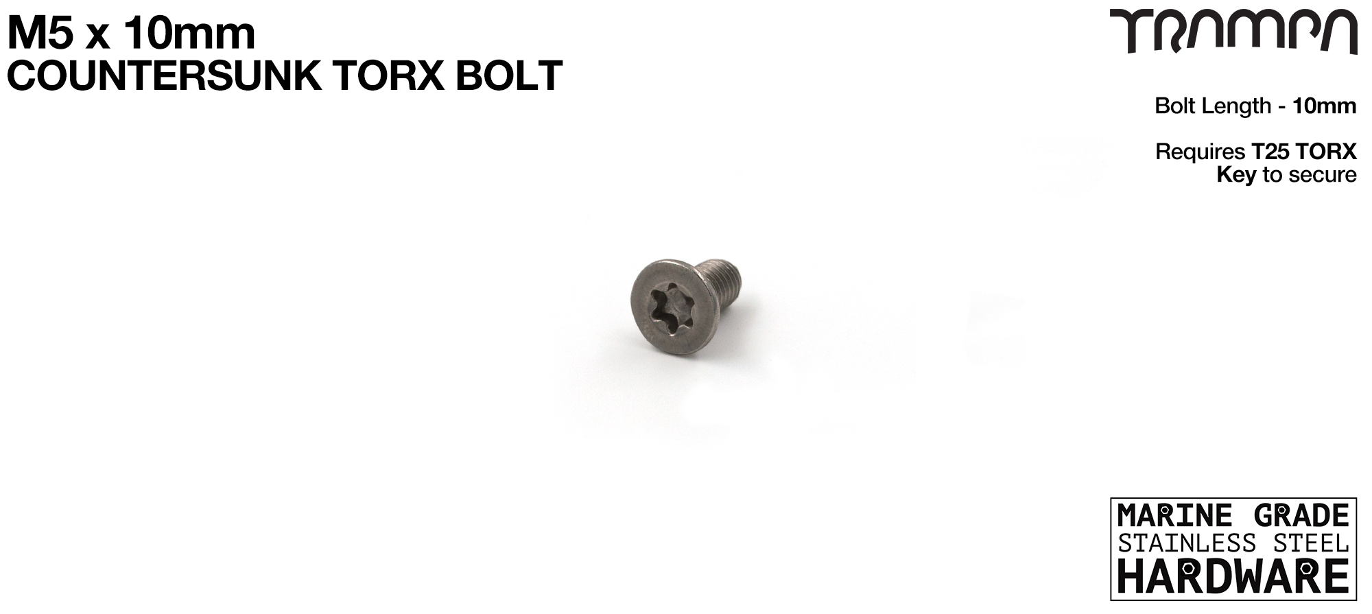 M5 x 10mm TORX Countersunk Bolt - Marine Grade Stainless steel with TORX Fitting