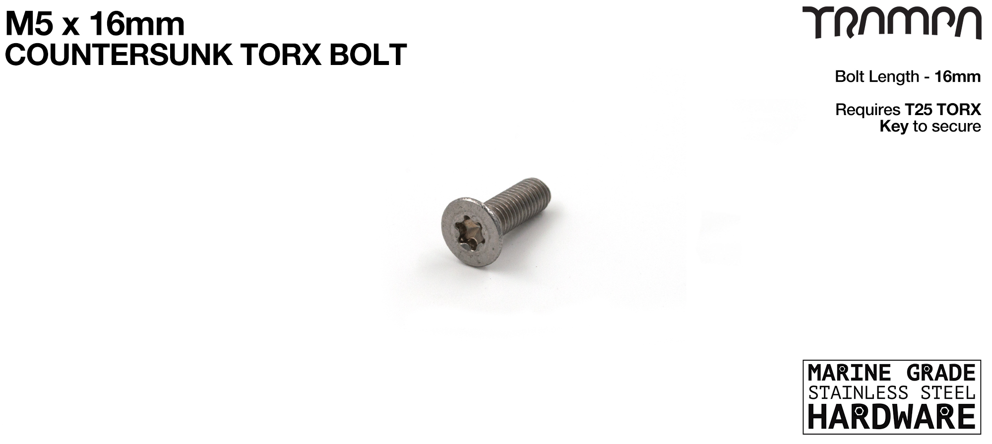 M5 x 16mm TORX Countersunk Bolt - Marine Grade Stainless steel with Fitting