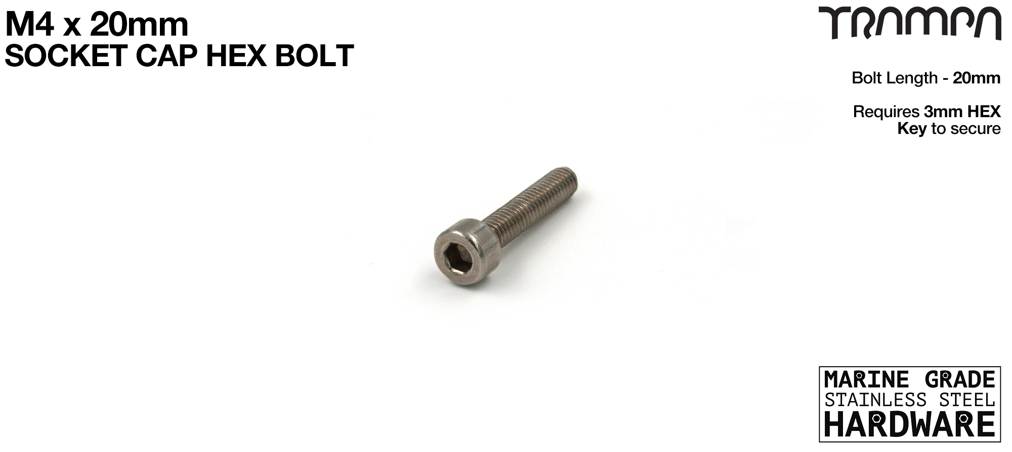 M4 x 20mm Socket Capped Head Allen-Key Bolt ISO 4762 Marine Grade Stainless Steel 