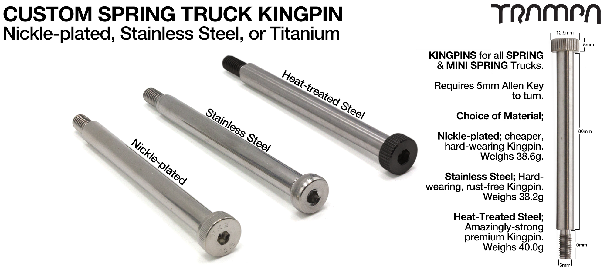 Custom Kingpin for Spring Trucks - M8x80mm Nikle Plated, Stainless Steel or TITANIUM