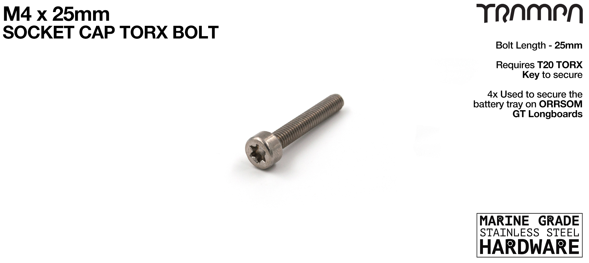 M4 x 25mm Socket Capped Head TORX Bolt ISO 4762 Marine Grade Stainless Steel 