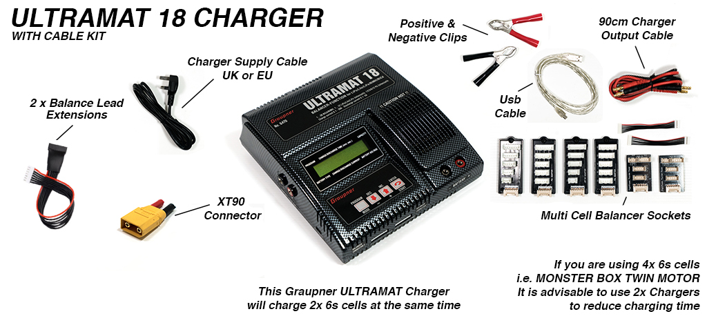Graupner Ultramat 18 charger - capable of charging 2x 6s Batteries at once with balancing cables - with XT90 Charge plug converter sold with complete Boards