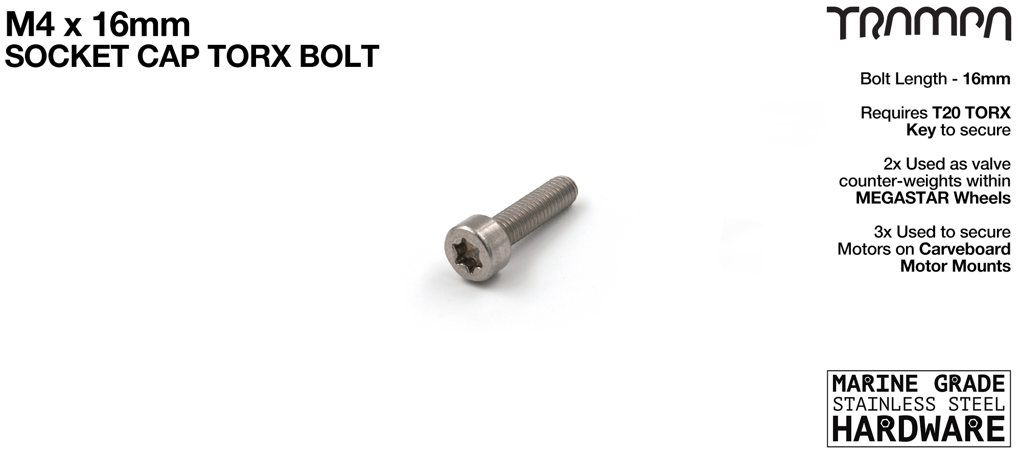 M4 x 16mm TORX Socket Capped Head Bolt ISO 4762 Marine Grade Stainless Steel