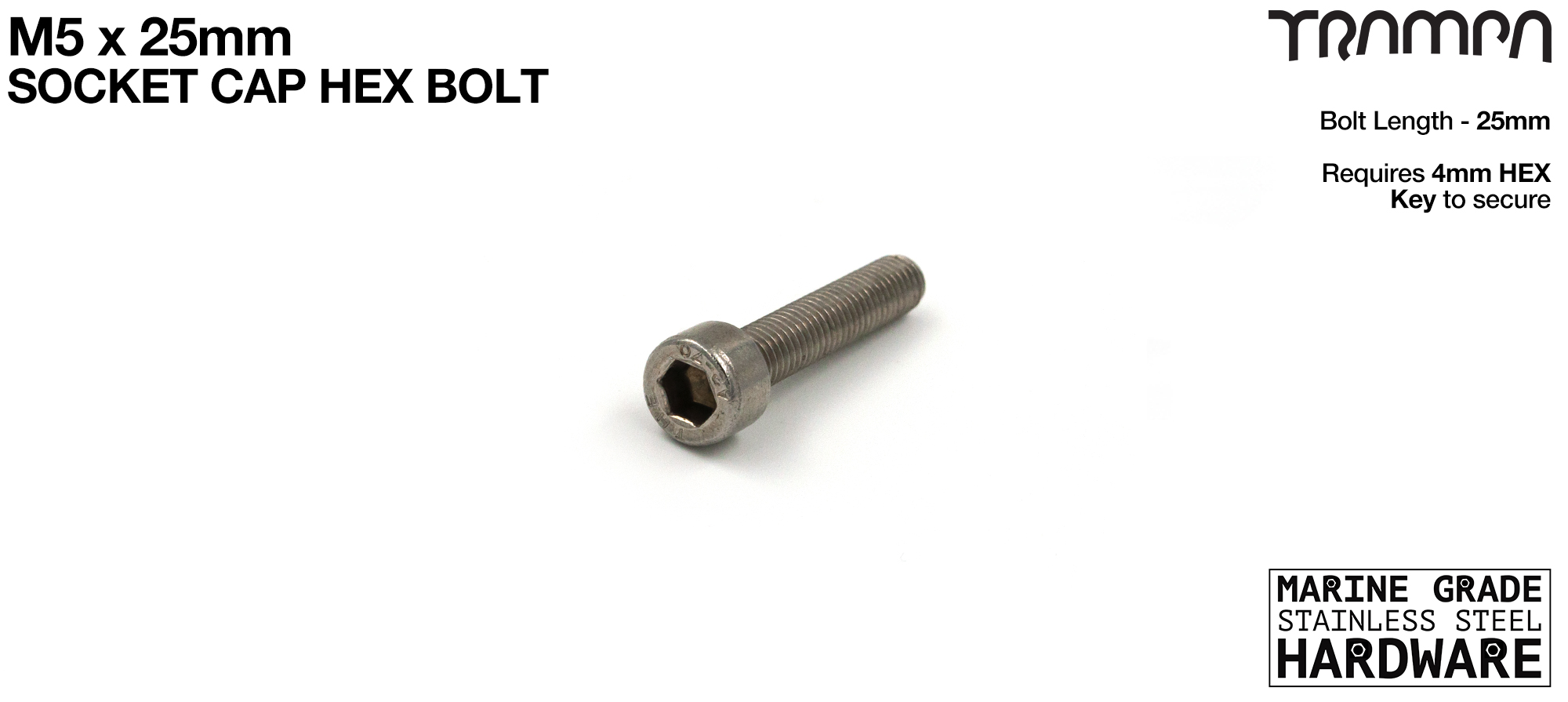 M5 x 25mm Socket Capped Head Allen-Key Bolt ISO 4762 Marine Grade Stainless Steel