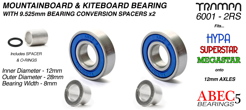 BLUE 12mm ATB Bearings - 12mm x 28mm axle ABEC 5 rated with conversion spacers x 2 