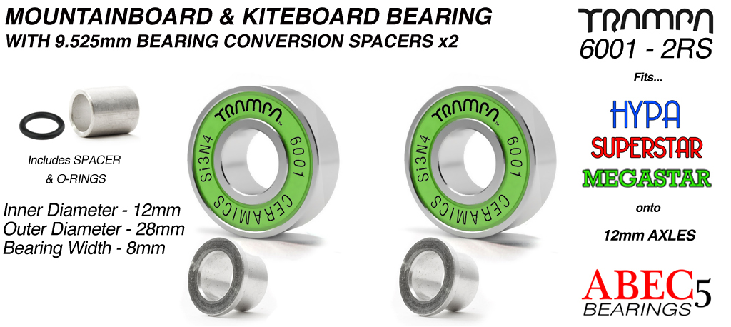 GREEN 12mm ATB Bearings - 12mm x 28mm axle ABEC 5 rated with 9.525mm conversion spacers x2 