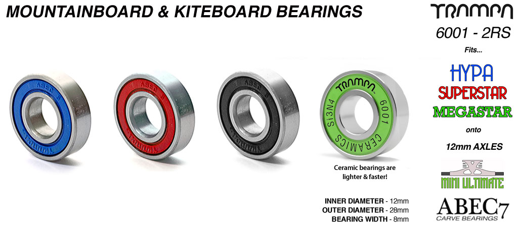 Mountainboard ABEC 5 Bearing 6001 2RS  (12 x 28 x 8mm) Removable sidewalls with Embossed Logo  
