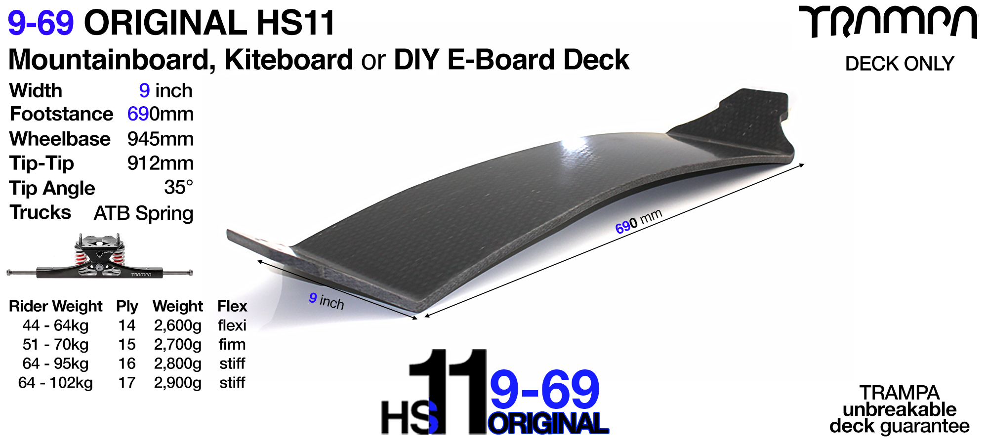 35° HS-11 Original 9-69 TRAMPA Mountainboard or Kiteboard Blank Deck
