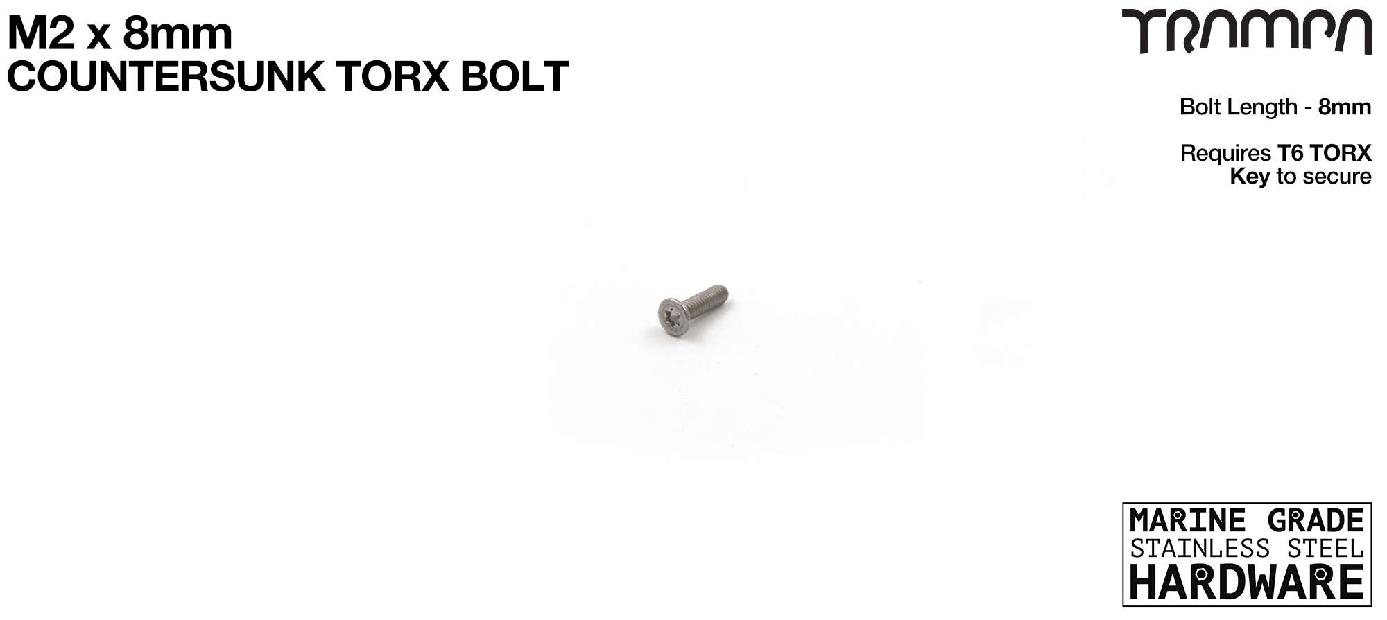 M2 x 8mm TORX Countersunk Bolt - Marine Grade Stainless steel with TORX Fitting 