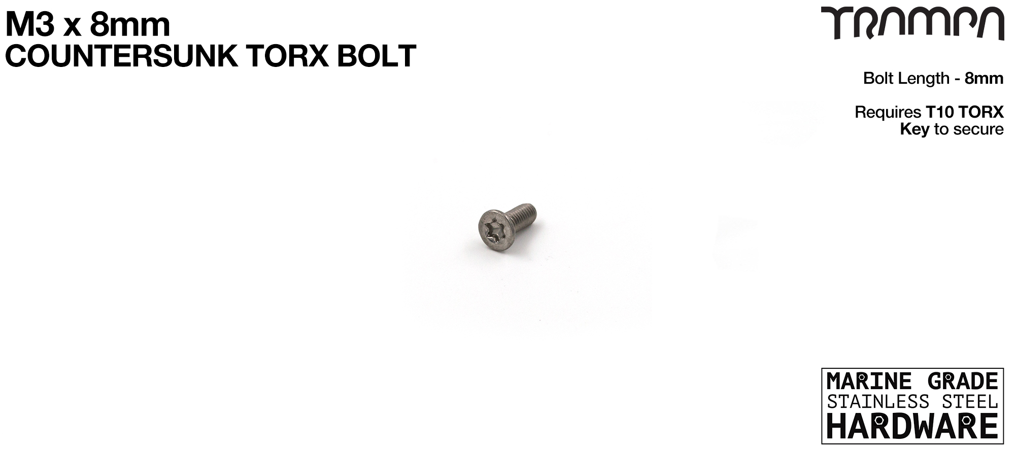 M3 x 8mm TORX Countersunk Bolt - Marine Grade Stainless steel with TORX Fitting  