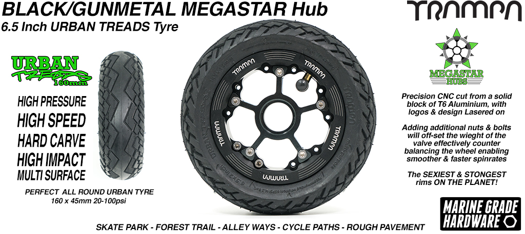 BLACK OFFSET MEGASTAR Rims with GUNMETAL Spokes & the amazing Low Profile 6.5 Inch URBAN Treads Tyres