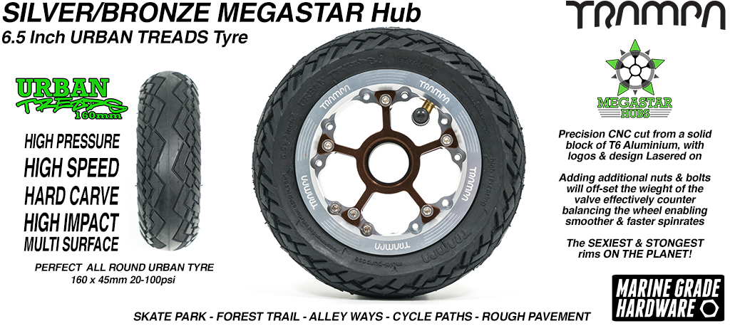 SILVER OFFSET MEGASTAR Rims with BRONZE Spokes & the amazing Low Profile 6.5 Inch URBAN Treads Tyres
