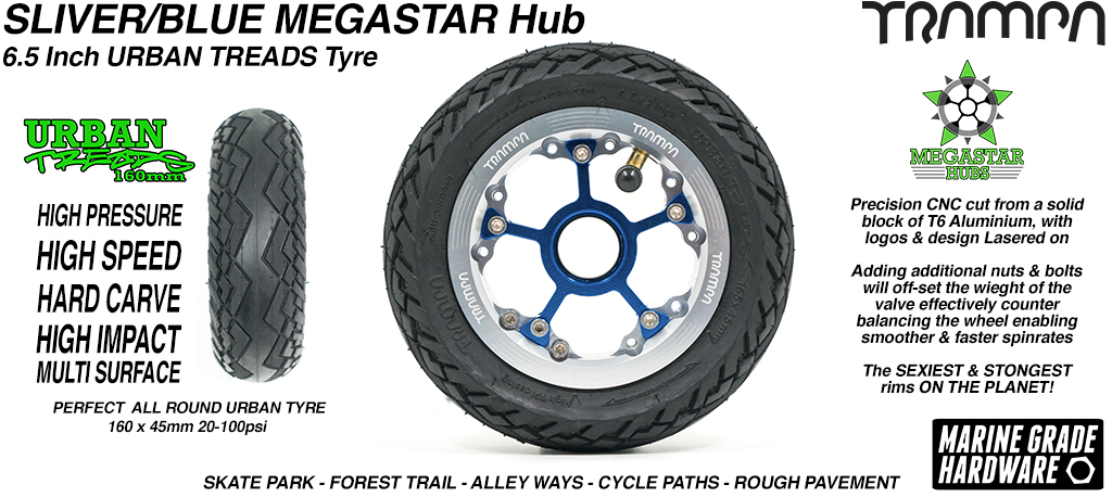 SILVER OFFSET MEGASTAR Rims with BLUE Spokes & the amazing Low Profile 6.5 Inch URBAN Treads Tyres