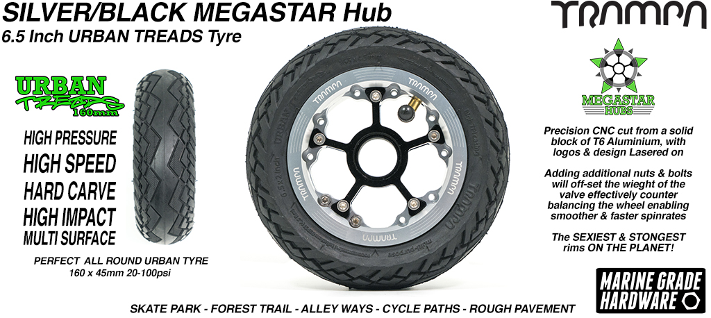 SILVER OFFSET MEGASTAR Rims with BLACK Spokes & the amazing Low Profile 6.5 Inch URBAN Treads Tyres