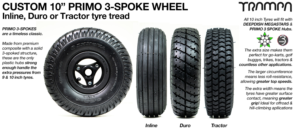 Custom 10 inch Primo Wheel - Primo 3 Spoke composite Hub with 10 Inch Tyre