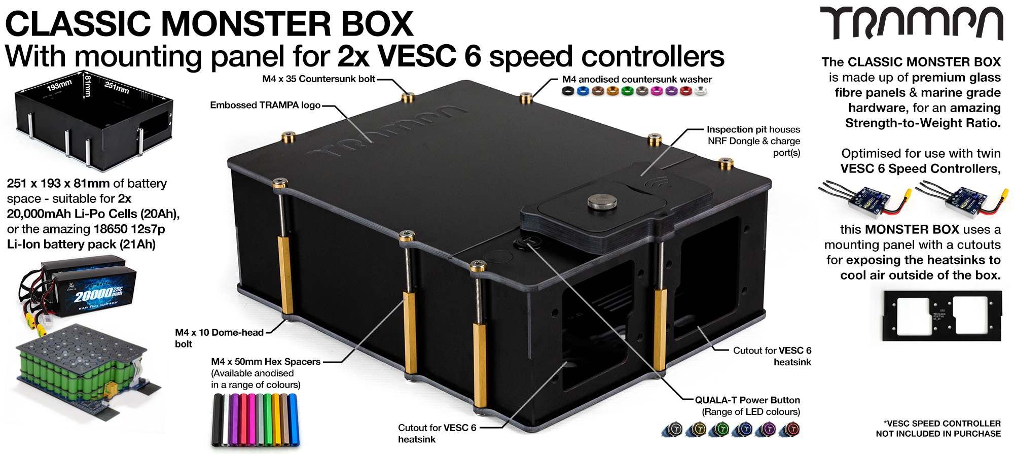 Classic MONSTER Box MkV fits 84x 18650 cells or 2x22000 mAh Lipos & has Panels to fit 2x VESC 6 Internally. Works in conjunction with TRAMPA's 2WD Electric Decks
