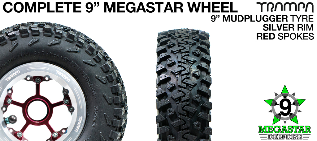 SILVER 9 inch Deep-Dish MEGASTARS Rim with BLACK Spokes & 9 Inch MUD-PLUGGER Tyres 