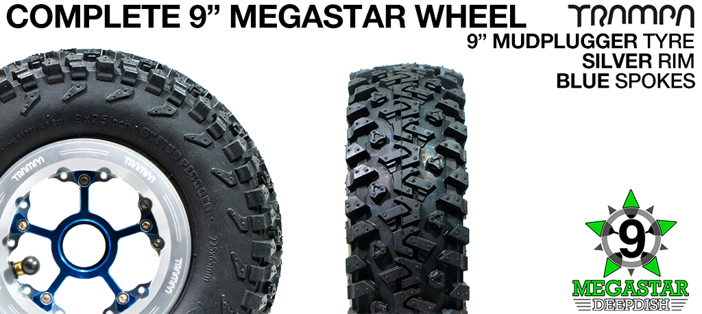 SILVER 9 inch Deep-Dish MEGASTARS Rim with BLUE Spokes & 9 Inch MUD-PLUGGER Tyres