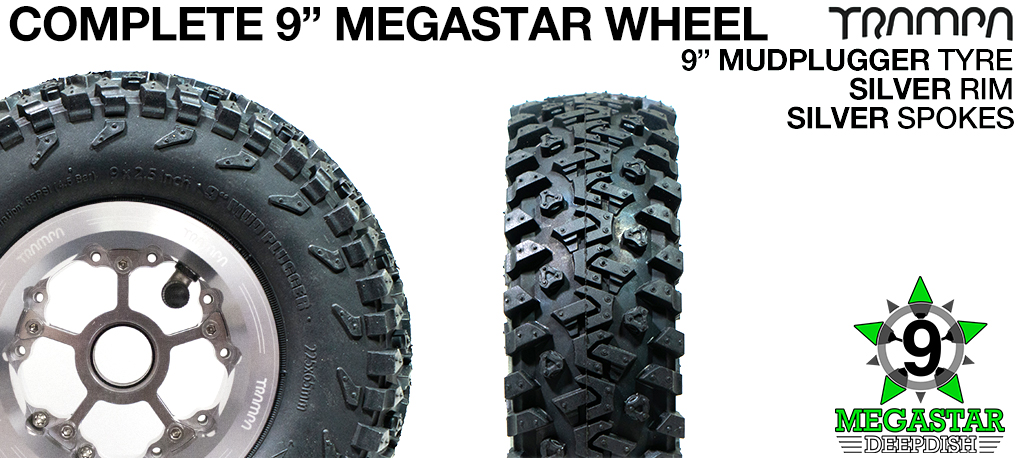SILVER 9 inch Deep-Dish MEGASTARS Rim with SILVER Spokes & 9 Inch MUD-PLUGGER Tyres 