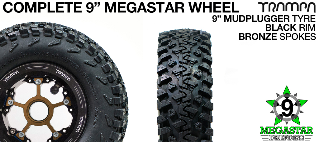 BLACK 9 inch Deep-Dish MEGASTARS Rim with BRONZE Spokes & 9 Inch MUD-PLUGGER Tyres