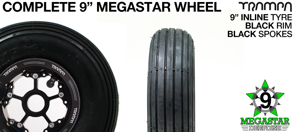 BLACK 9 inch Deep-Dish MEGASTARS Rim with BLACK Spokes & 9 Inch INLINE Tyres
