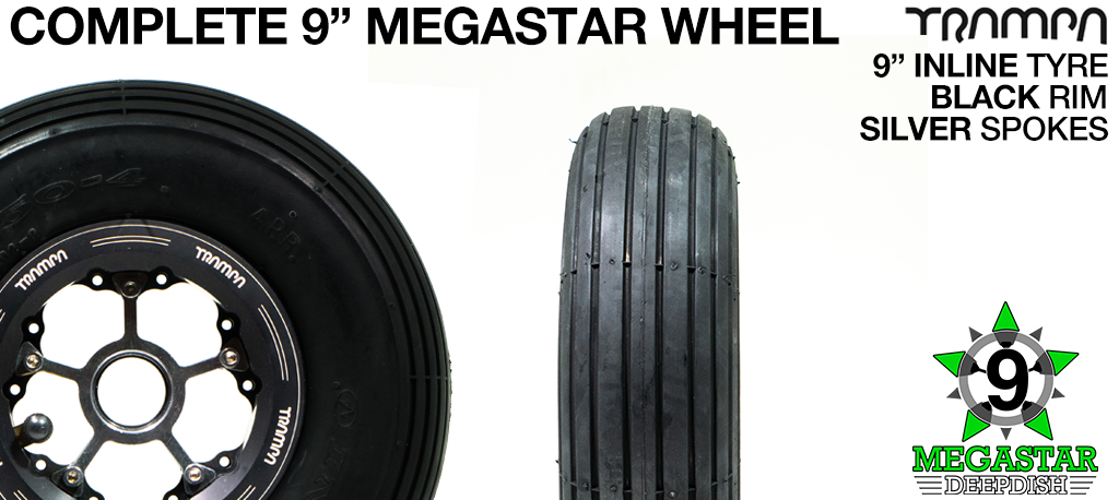 BLACK 9 inch Deep-Dish MEGASTARS Rim with SILVER Spokes & 9 Inch INLINE Tyres 