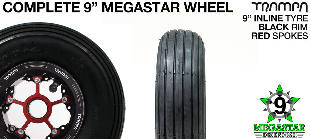 BLACK 9 inch Deep-Dish MEGASTARS Rim with RED Spokes & 9 Inch INLINE Tyres