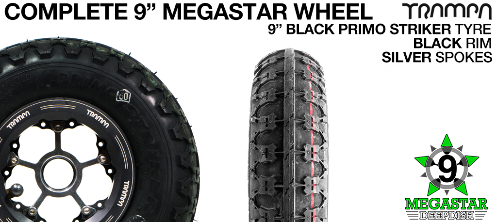 BLACK 9 inch Deep-Dish MEGASTARS Rim with SILVER Spokes & 9 Inch BLACK PRIMO STRIKER