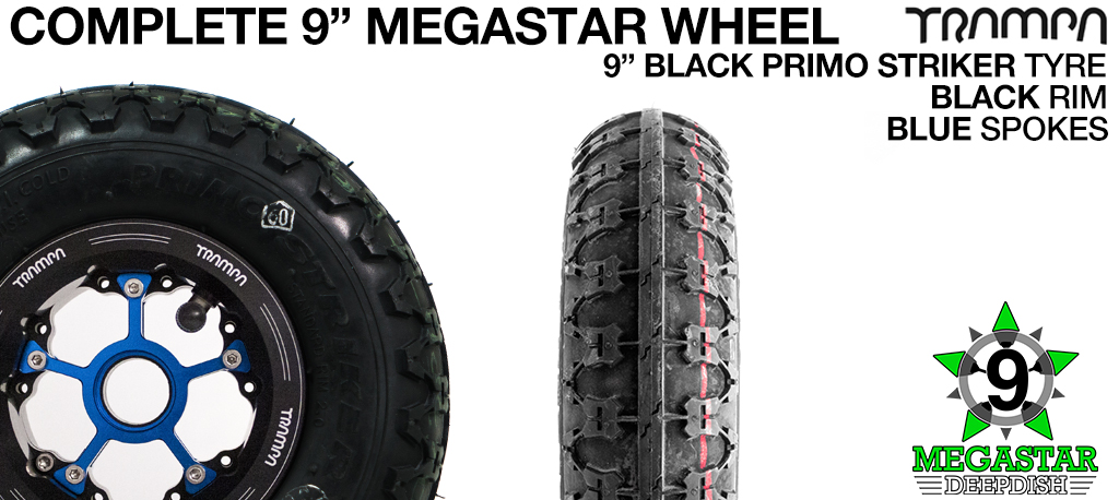 BLACK 9 inch Deep-Dish MEGASTARS Rim with BLUE Spokes & 9 Inch BLACK PRIMO STRIKER