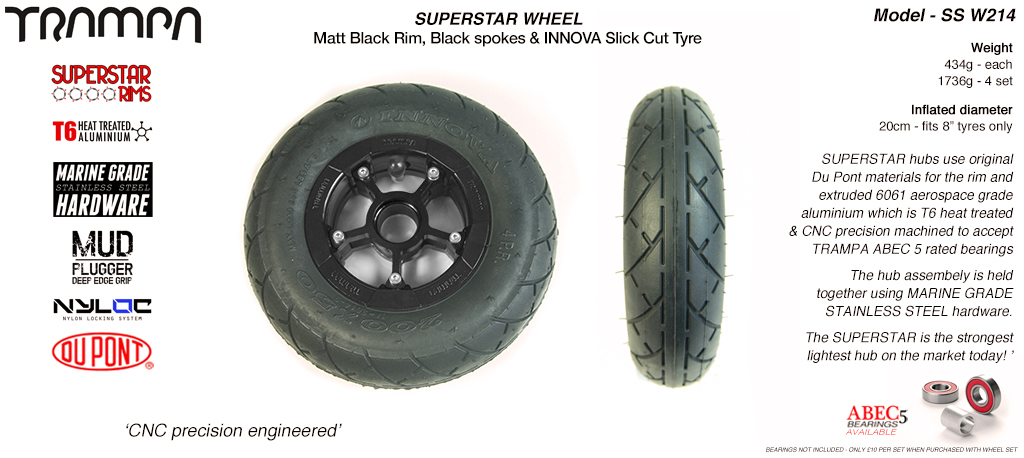 Superstar 8 inch wheels - Matt Black Superstar Rim with Black Anodised spokes & Black SLICK cut 8 inch Tyre 