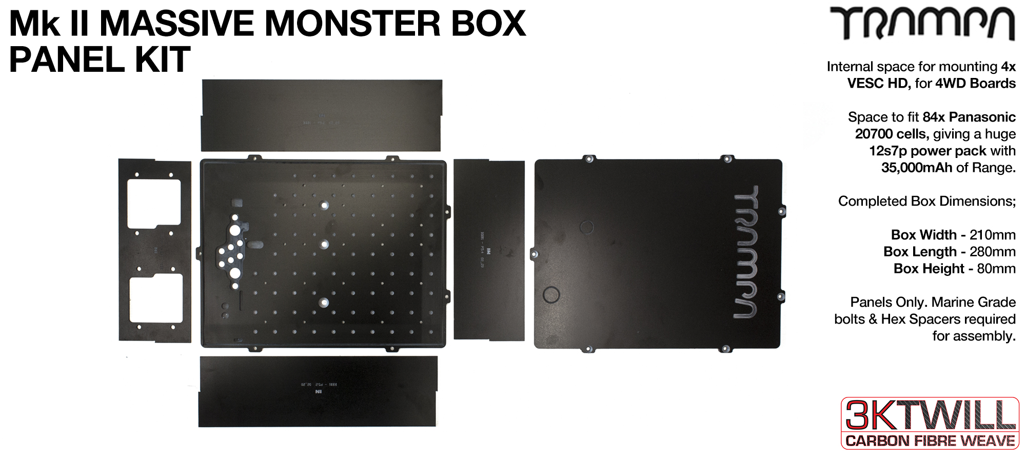 2WD Mk II MASSIVE MONSTER Box 35A BATTERY PACK Complete Box Glass Fiber Panel Kit with internal chamber for upto 4x VESC HD