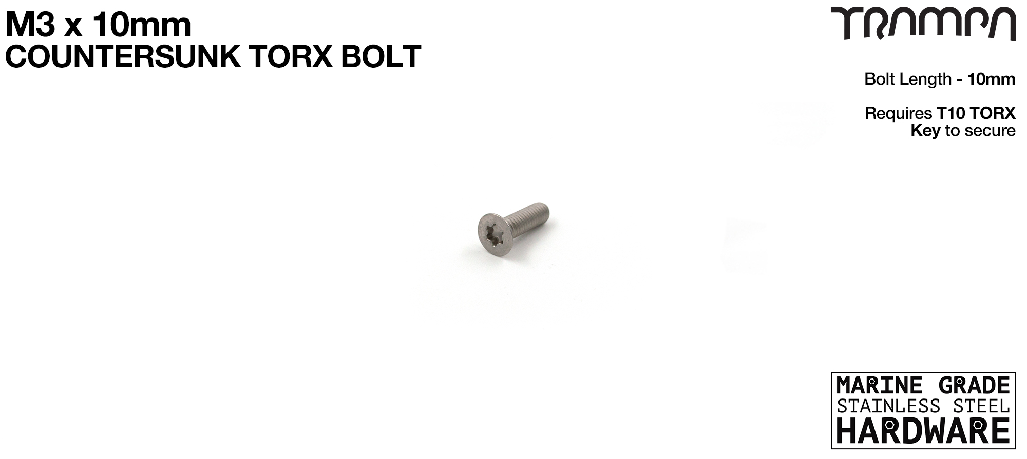 M3 x 10mm TORX Countersunk Head Bolt Marine Grade Stainless Steel 