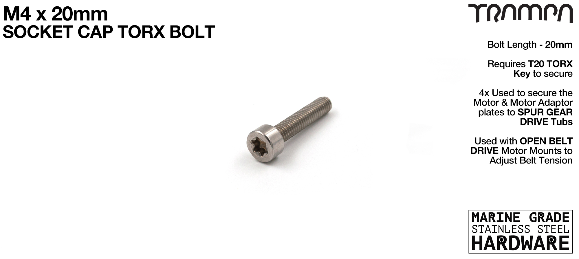 M4 x 20mm Socket Capped Head TORX Bolt ISO 4762 Marine Grade Stainless Steel 