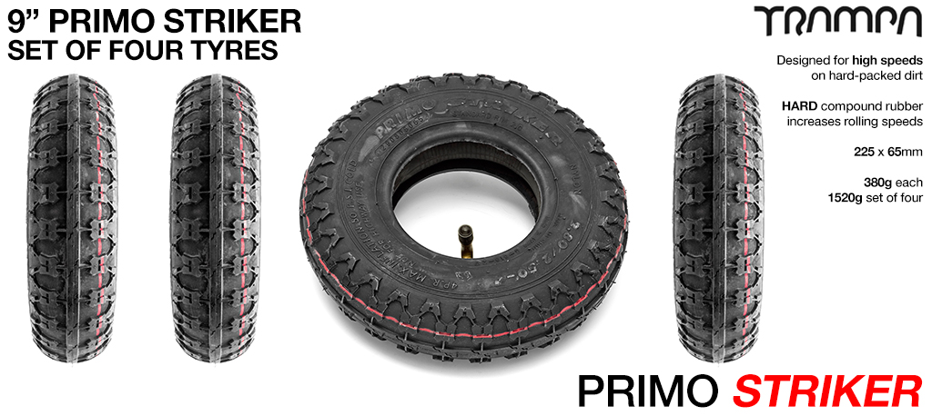 PRIMO STRIKER 9 Inch Tires measure 4x 2.5x 9 230x75mm with 4 Inch Rim fits all 4 Inch Hubs - Set of 4