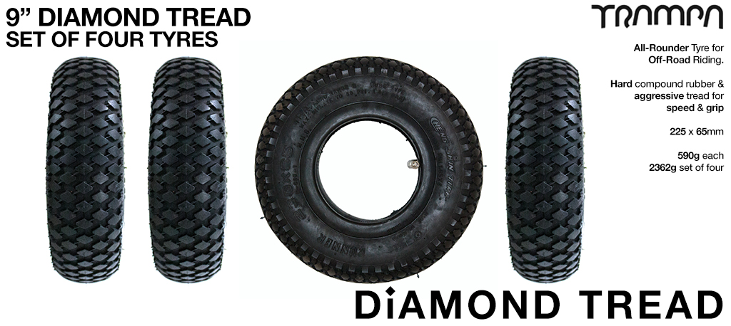 DIAMOND Tread 9 Inch Tires measure 4x 2.5x 9 230x75mm with 4 Inch Rim fits all 4 Inch Hubs - Set of 4