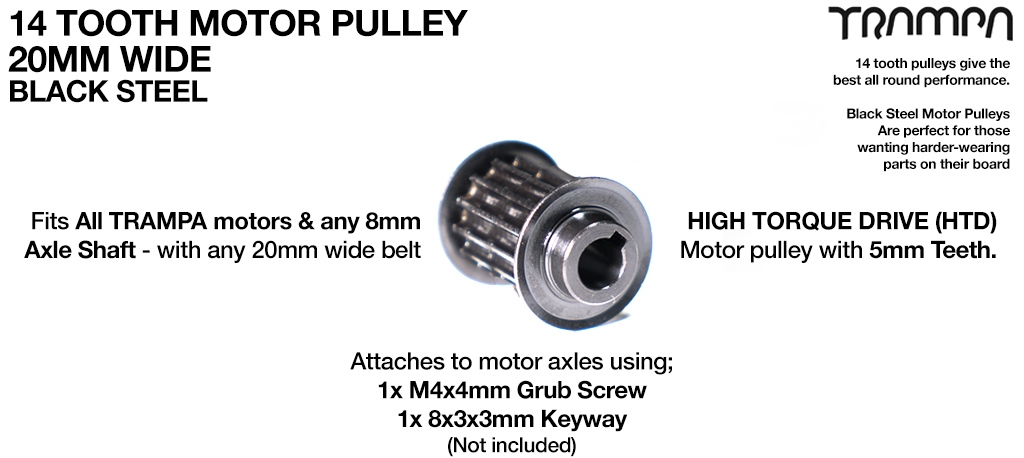 14 Tooth BLACK STEEL Motor Pulley Fits 8mm Motor Axles with 20mm Belts - All round performance!