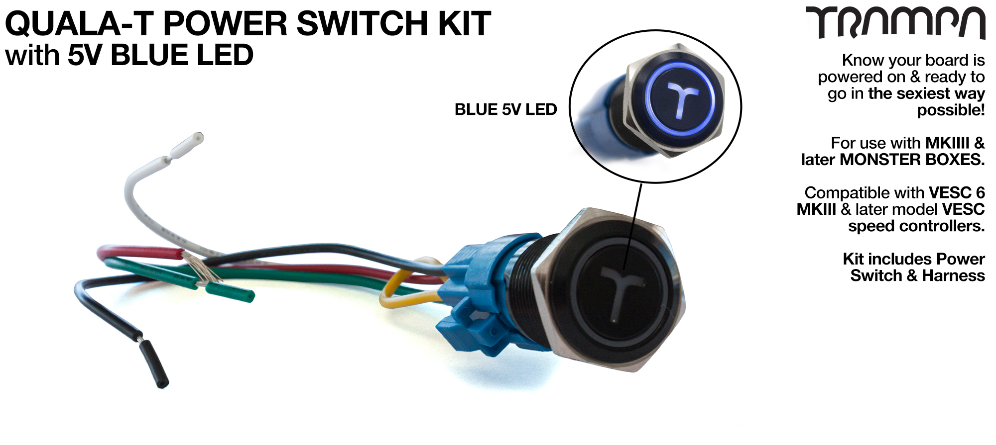 BLUE LED QUALA-T Power Switch Kit with 16mm Fixing Nut & Cable Harness