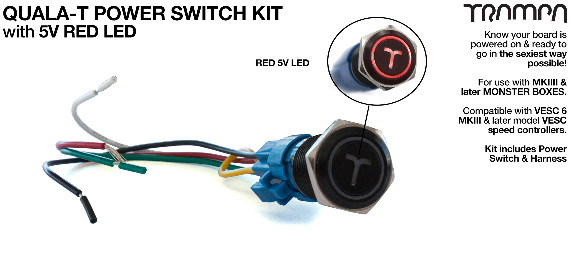 RED LED QUALA-T Power Switch Kit with 16mm Fixing Nut & Cable Harness