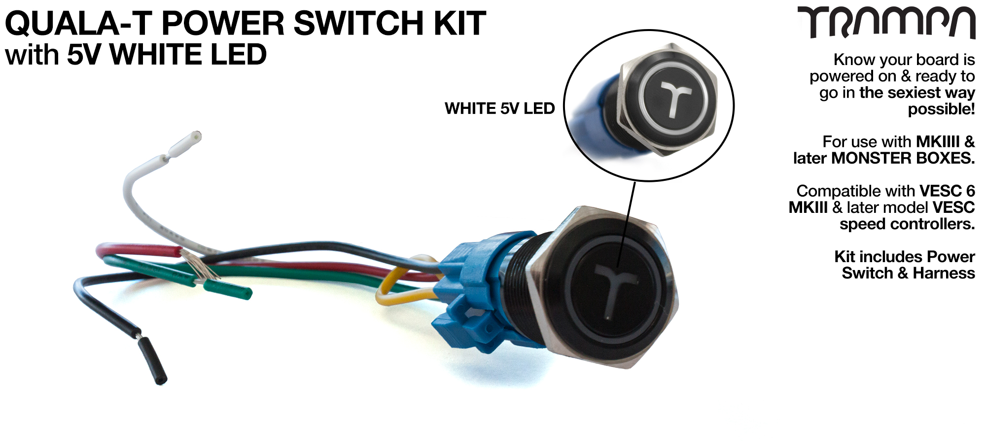 WHITE LED QUALA-T Power Switch Kit with 16mm Fixing Nut & Cable Harness
