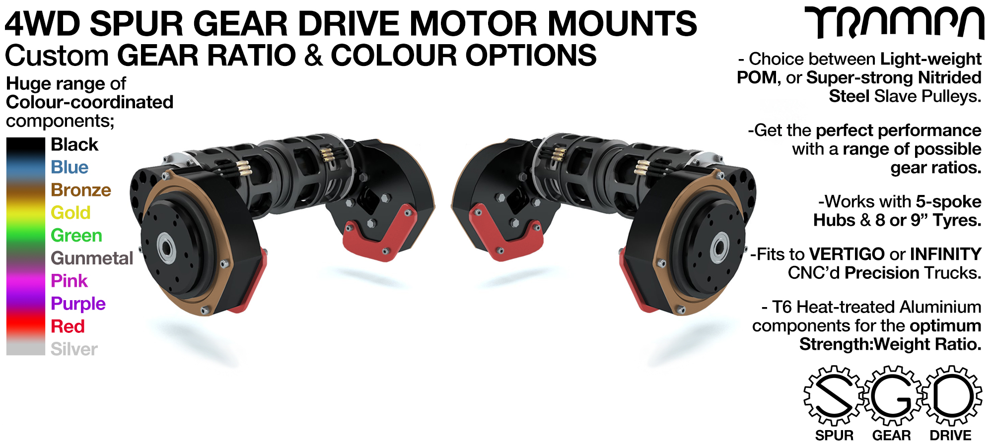 TRAMPA Electric 4WD Spur Gear Drive Mountainboard Motor Mount kit with 4x Custom Motors