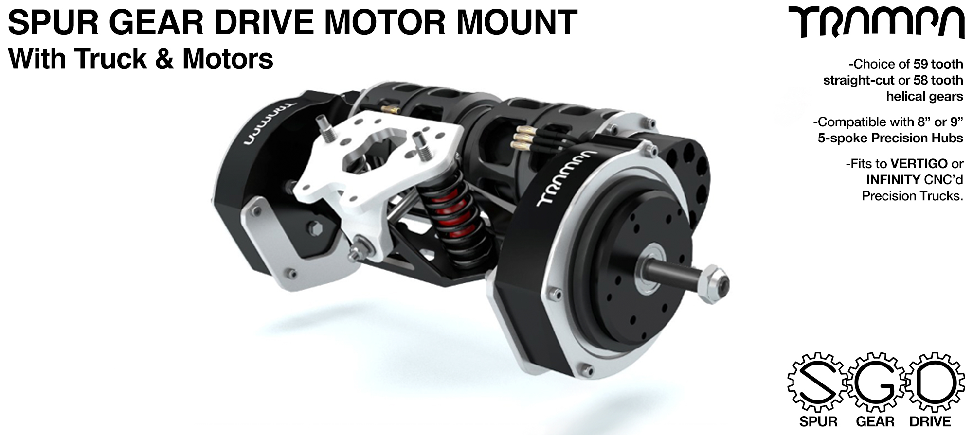 Mountainboard Spur Gear Drive TWIN Motor Mounts with Motors on a custom CHANNEL Truck 