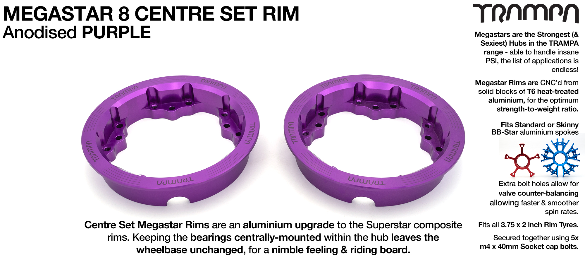 MEGASTAR 8 CS Rims Measure 3.75 x 2 Inch. The bearings are positioned CENTRE-SET & accept all 3.75 Rim Tyres - PURPLE 