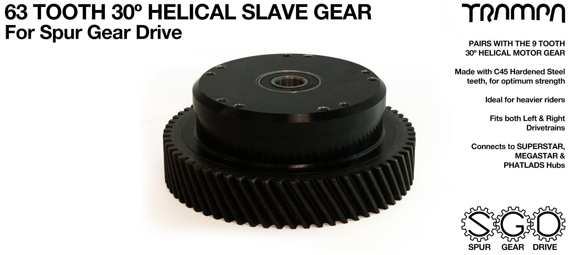 Spur Gear Drive 63 Tooth 30º HELICAL Slave Pulley - c45 Heat Treated Hardened Steel Black Anodised