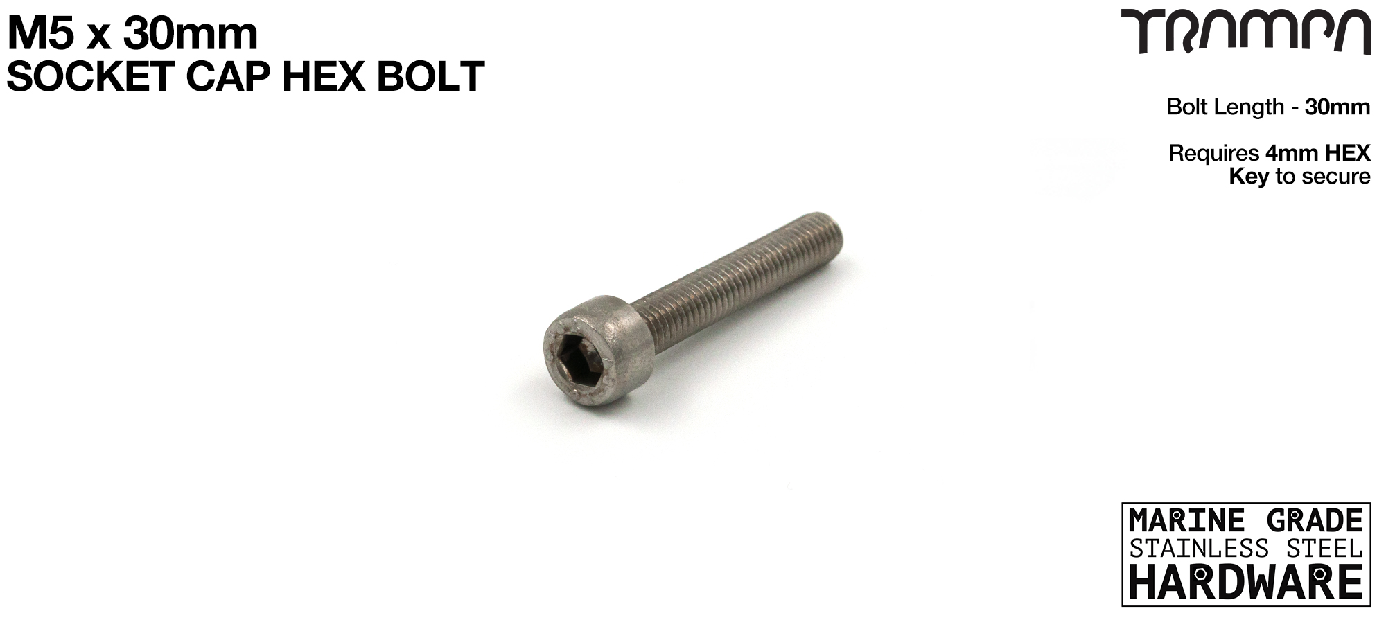 M5 x 30mm Socket Capped Head Allen-Key Bolt ISO 4762 Marine Grade Stainless Steel 