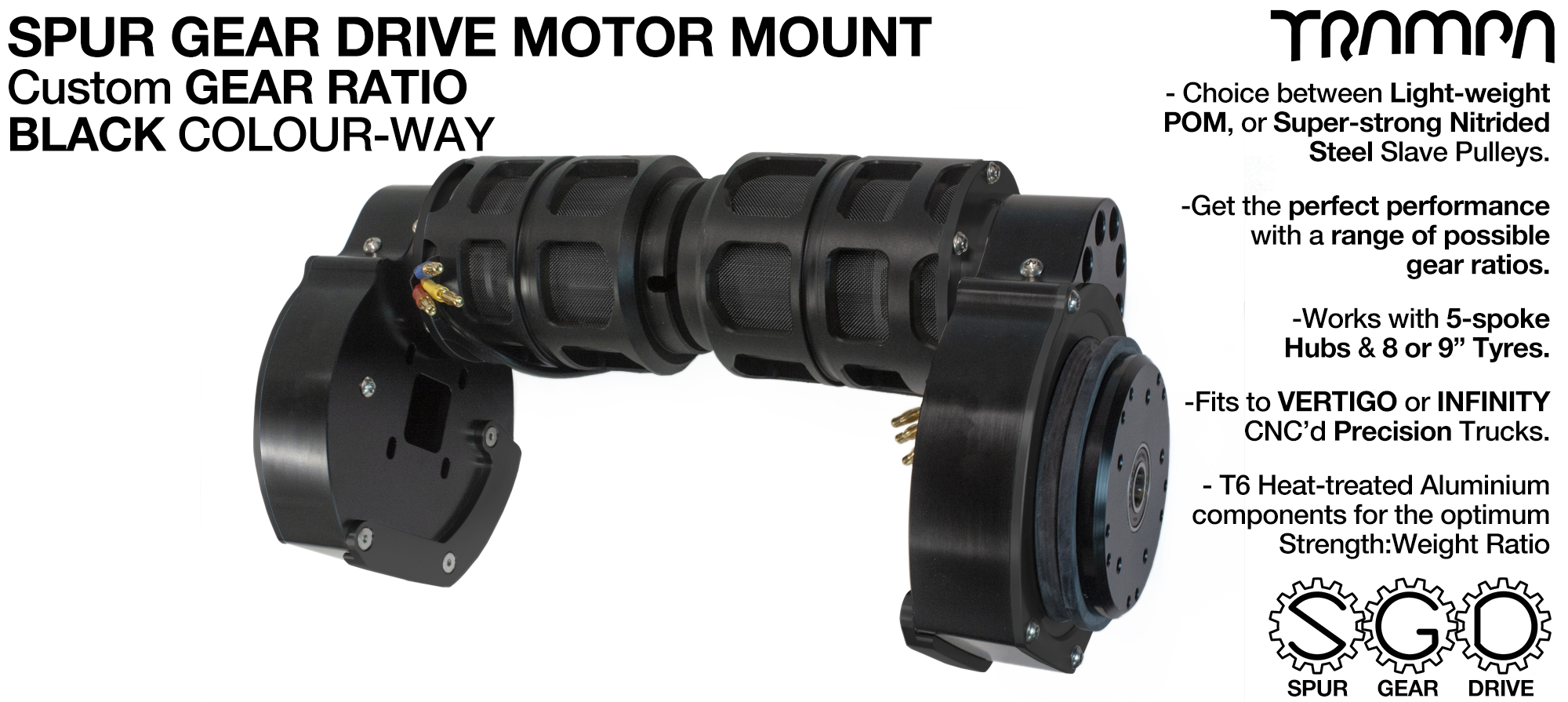 Mountainboard Spur Gear Drive TWIN Motor Mount with PULLEYS & FILTERS- BLACK