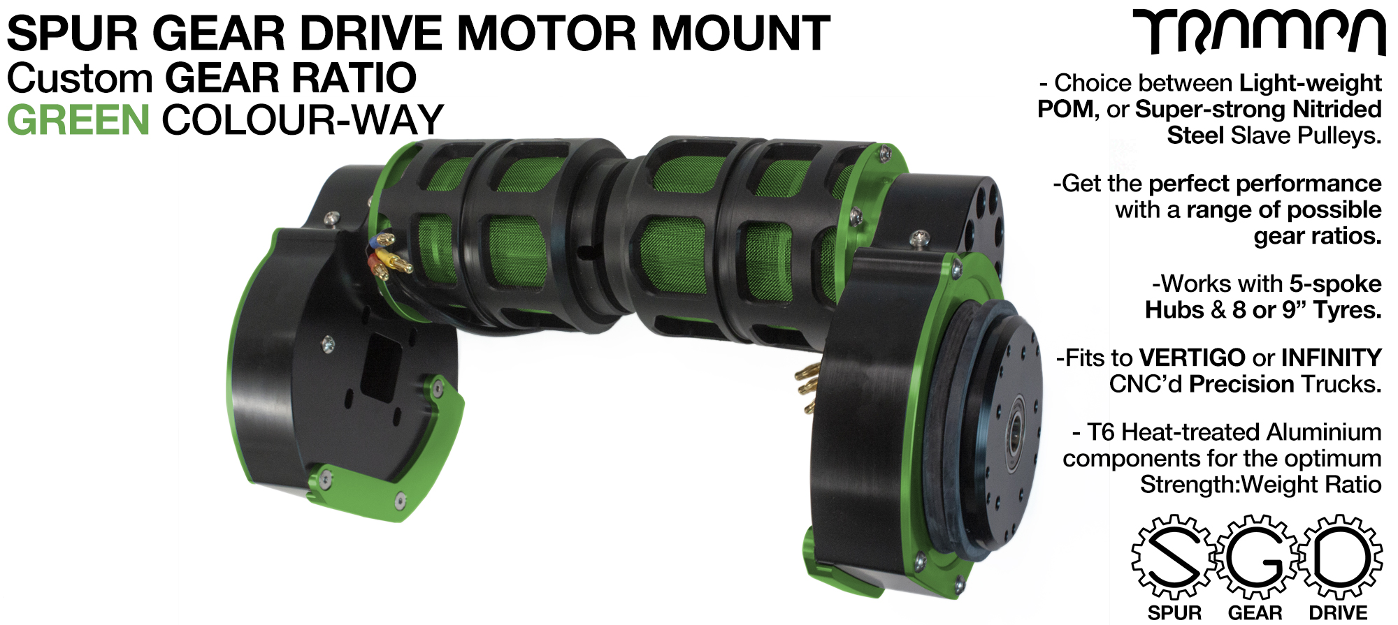 Mountainboard Spur Gear Drive TWIN Motor Mount with PULLEYS & FILTERS - GREEN