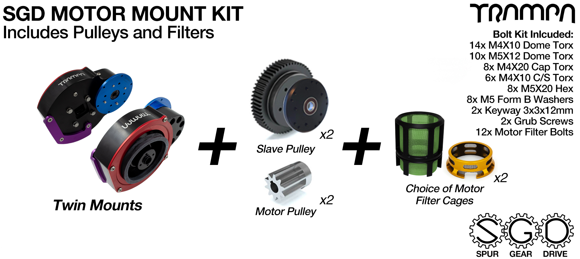 Mountainboard Spur Gear Drive TWIN Motor Mount with PULLEYS & FILTERS - NO Motors 