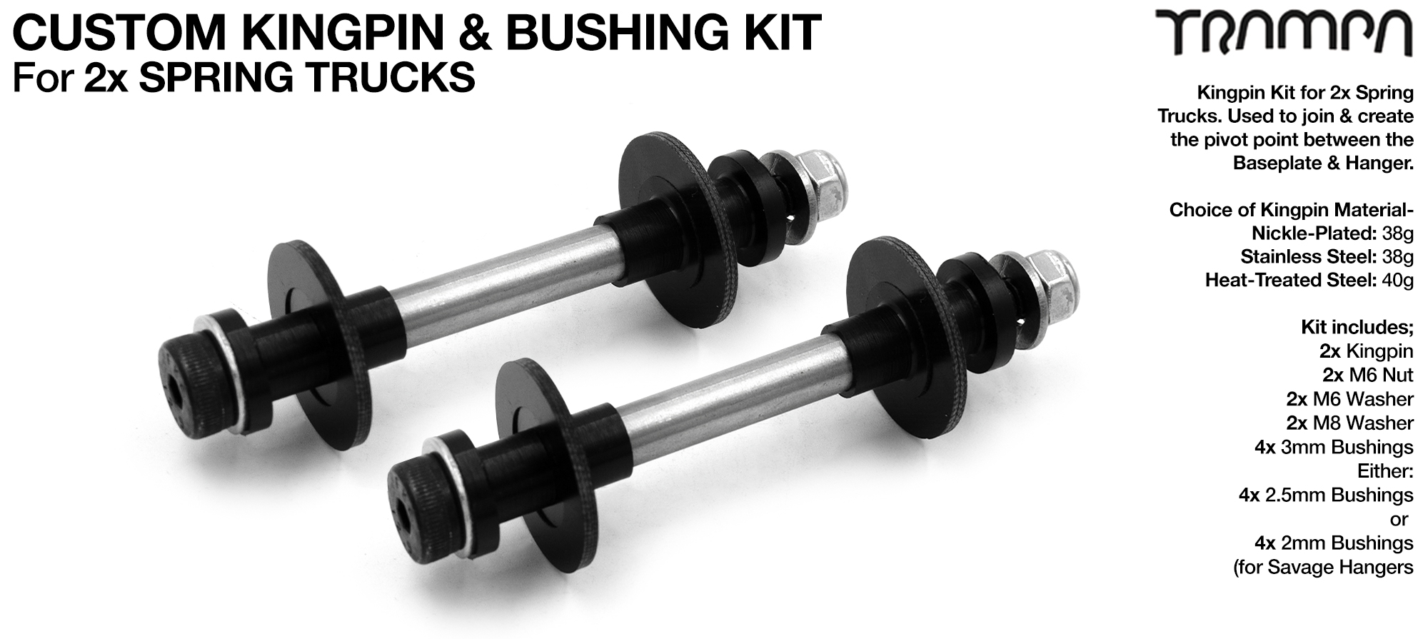 2x Kingpin kit for TRAMPA Spring style Trucks - Nikel plated, Stainless Steel or HEAT Treat Steel