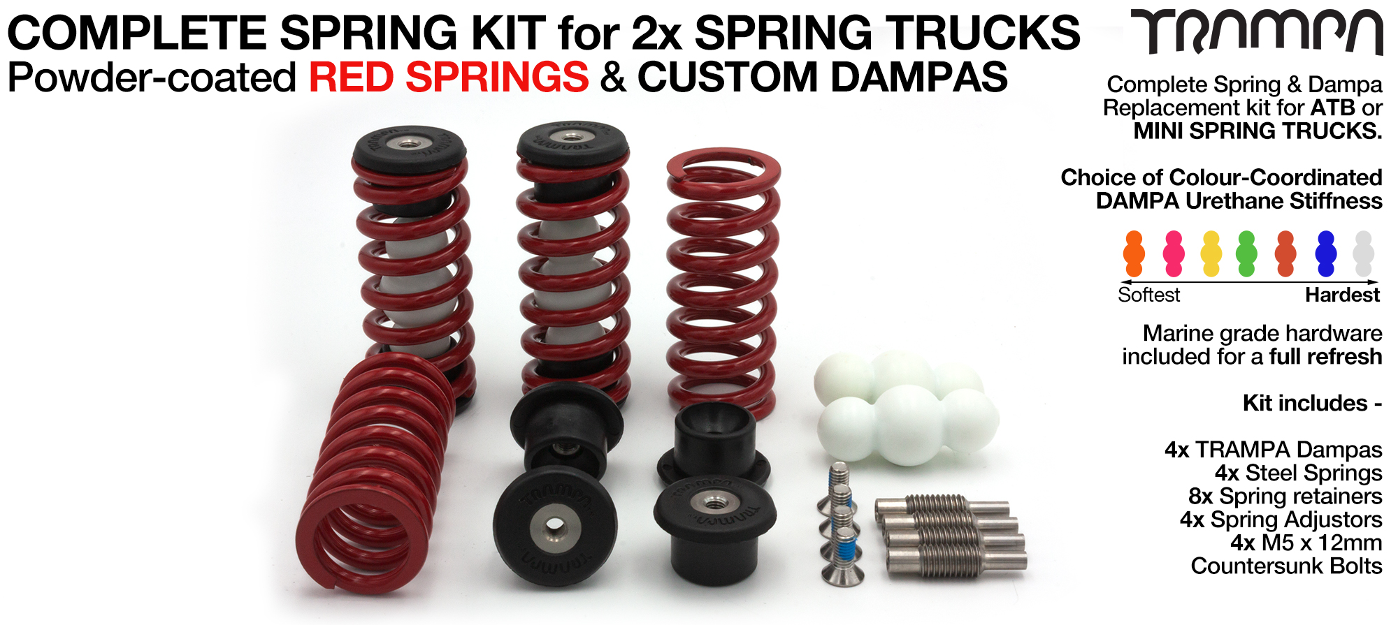 Complete Spring kit for 1x Board = 4x RED Springs 4x Dampa 8x Spring Retainers 4x Spring Adjuster & 4 M5x12mm Countersunk Bolt 