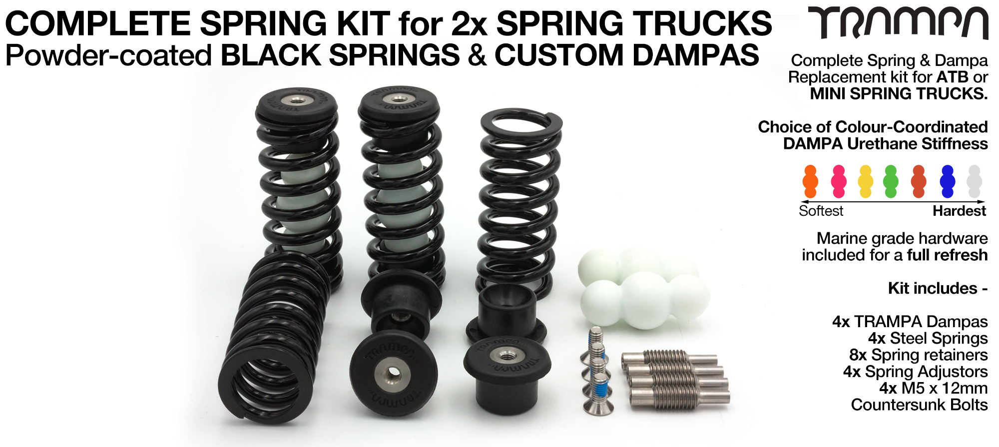 Complete Spring kit for 1x Board = 4x BLACK Springs 4x Dampa 8x Spring Retainers 4x Spring Adjuster & 4 M5x12mm Countersunk Bolt